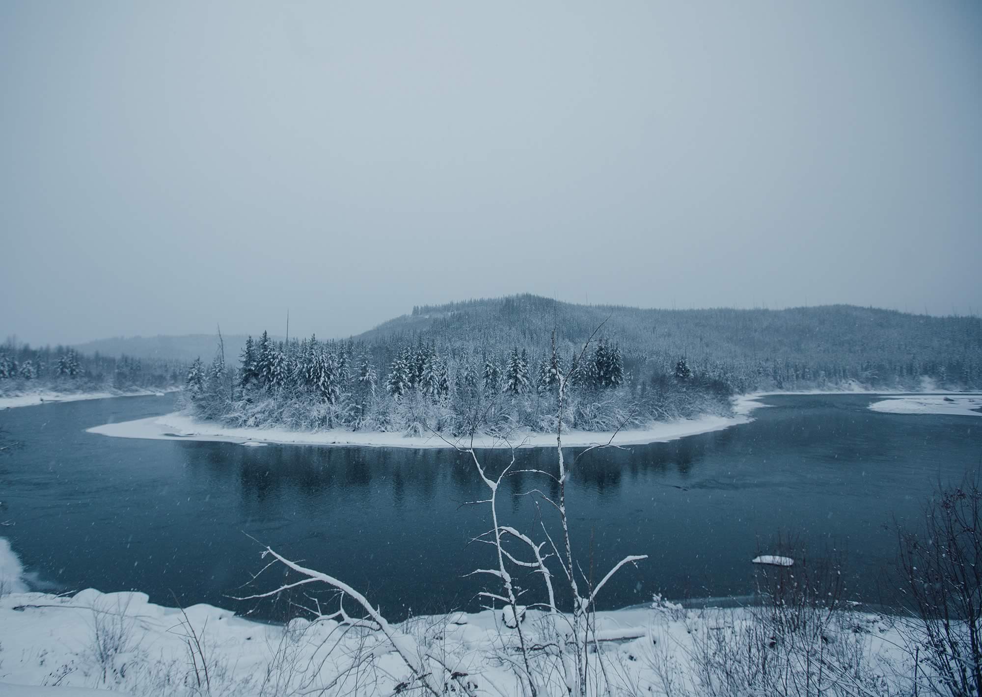 Overlooking a frozen lake and forest